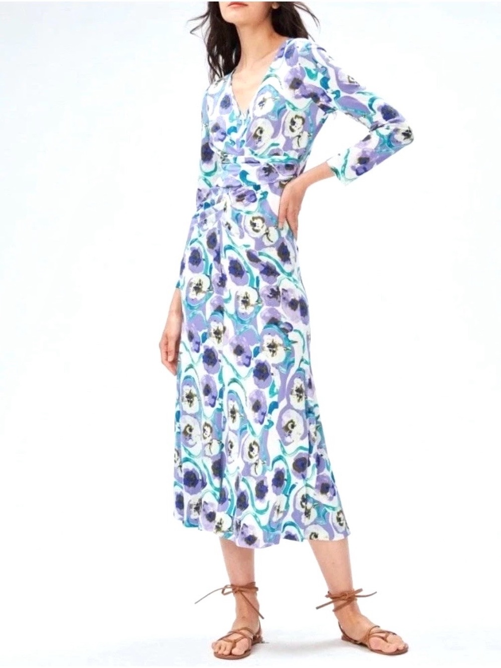 Diane Von Furstenberg Floral Midi Dress in Purple, Teal, White